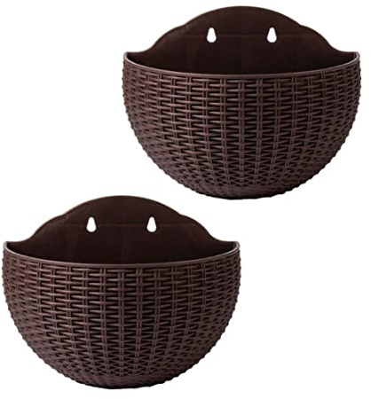 Macetas colgantes | Jardineras de pared 2 piezas 8.3 * 6.5 * 3.7 pulgadas Jardineras de cerca de plástico de ratán de imitación para exteriores Macetas colgantes semicirculares para decoración de cer