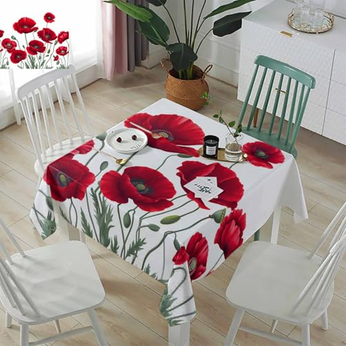 IDOWMAT Square Table Cloth Linen Farmhouse Tablecloth Spring Red Opium Poppy Flower Waterproof Soft Non-Wrinkle Decorative Fabric Table Cover for Kitchen 52x52 Summer Watercolor Plant Tablecloth