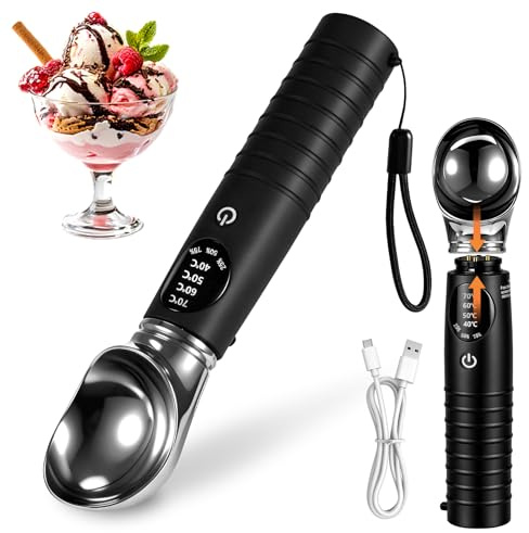 Cuillère à glace chauffante, cuillère glace chauffante électrique amovible avec 4 niveaux chaleur réglables (40/50/60/70 ℃), cuillère glace rechargeable avec affichage LED pour crème glacée surgelée