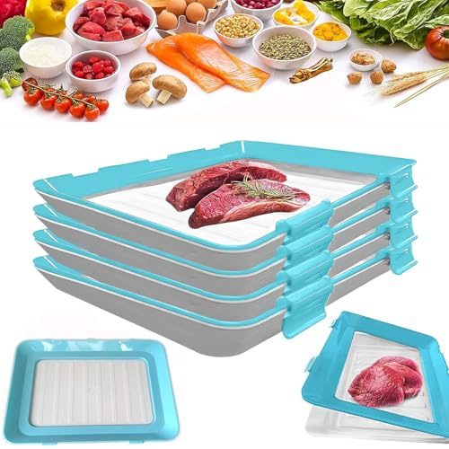Stretch Fresh Storage Trays with Lids - 4PCS Reusable Silicone Food Containers,Airtight Silicone Food Storage Trays, Stackable & Airtight for Meat, Vegetable, Fruit in Fridge/Freezer, BPA-Free （ Blue)