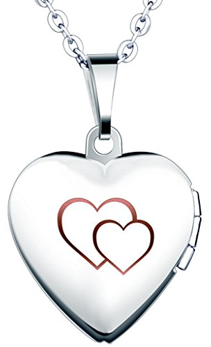 Yumilok Edelstahl Doppel Herzen Foto Medaillon zum Öffnen Photo Bilder Amulett Silberfarben Rosa Herzanhänger Halskette Kettenanhänger für Damen Mädchen