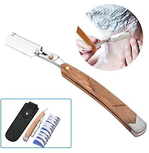 Navaja de Afeitar, Maquinilla de Afeitar Retro con Mango de Madera, Cuchillo de Barba Clásico con 10 Piezas de Hoja de Afeitar Maquinilla de Afeitar Recta Herramienta de Limpieza Facial Masculina