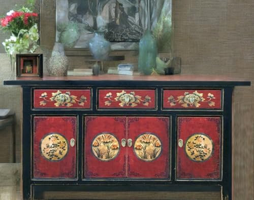 OPIUM OUTLET Chinesisches Sideboard, schwarz-rot, asiatische Kommode Anrichte, orientalischer Hochzeitsschrank, Wohnzimmer-Schrank Vintage-Stil