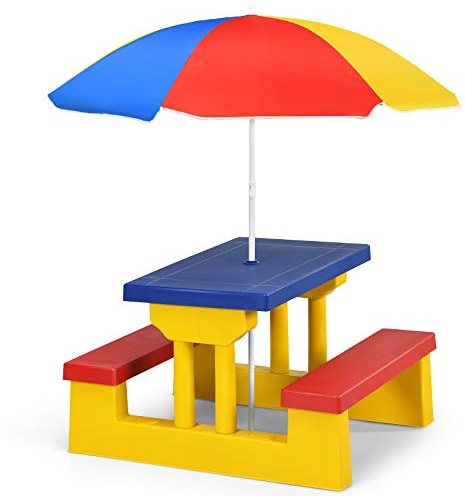 COSTWAY Kids Picnic Table, Indoor & Outdoor Table and Bench Set with Removable Umbrella, Children Garden Furniture Parasol for Girls Boys (Yellow + Red + Blue)