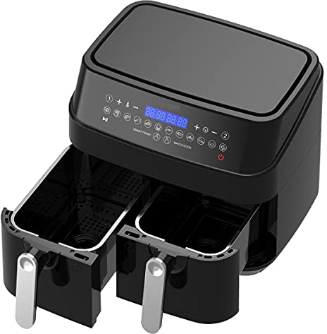 Epiq Doppel Heißluftfritteuse 9 Liter (2x 4,5Liter) zwei separat gesteuerten Frittier-Körbe/LED Display/ 200 Grad /11 Programme/Vorheizfunktion/Air Fryer/digitale Heißluft-Fritteuse 90000690 Schwarz