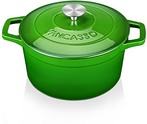 vancasso Cast Iron Pot with Lid, 4 Liters Green Enamelled Casserole Dish with Double Loop Handle, Naturally Non-Stick Cast Iron Dutch Oven for Home Baking, Braiser, Cooking - 24cm