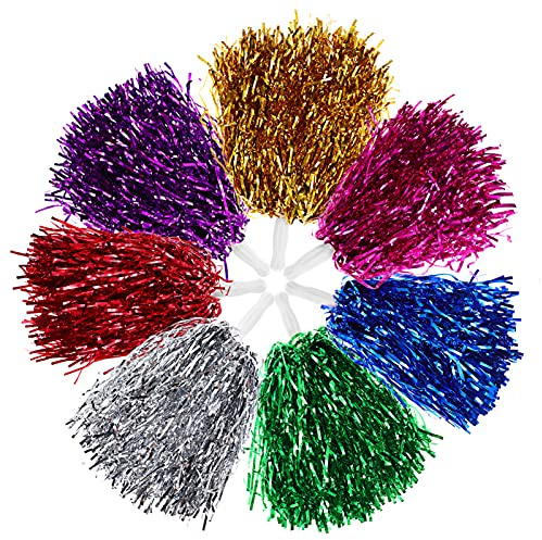 Toddmomy 14pcs Pom Poms for Cheerleading Metallic Foil Pom Poms with Handle Party Pom Poms Decorations for Party Dance Sports (Mixed Color)