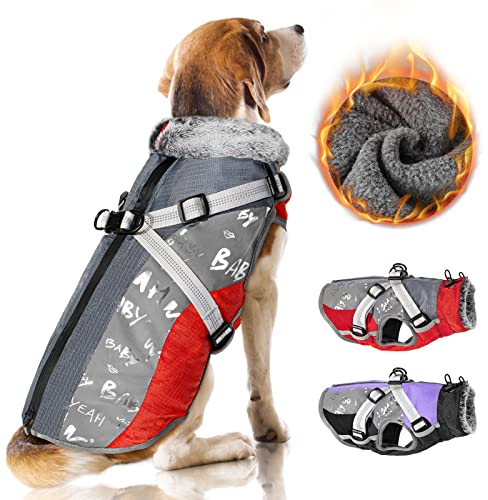 Nasjac Winter Hundemantel mit abnehmbarem Geschirr, wasserdichte Fleece warm hundejacke für kleine mittlere große Hunde, reflektierende einstellbare pelzige Hundekleidung Outdoor Hunter Weste