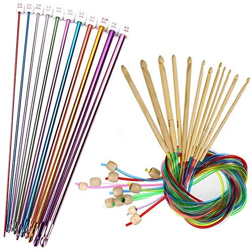 Doumneou 23 Pieces Tunisian Crochet Hooks Set 3-10 mm Cable Bamboo Knitting Needle with Bead Carbonized Bamboo Needle