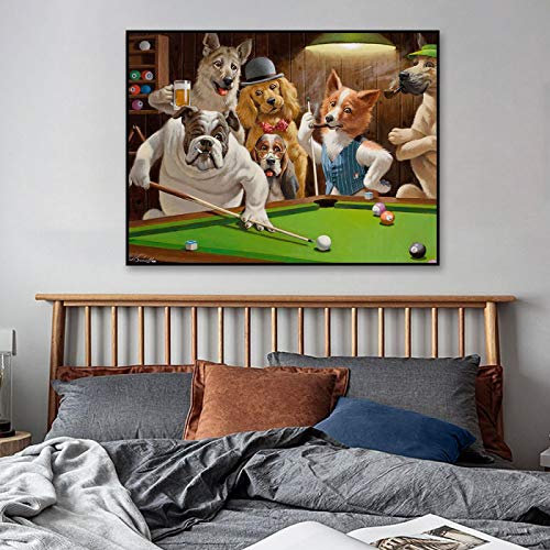 Zhaoyang Art Hunde spielen Pool Billard Wandkunst Leinwanddruck Schwarz gerahmte Bilder Lustiges Tier gedruckt für Wohnzimmerdekoration 55x32in/140x80cm Schwarzer Rahmen