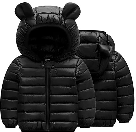LSAltd Baby Kinder Winterjacke Mantel mit Kapuze Jacke Warm Baby Niedlich Plüsch Bärenohren Jungen Mädchen Baumwolljacke Kapuzenjacke Ultraleicht Mäntel mit Kapuze Schwarz