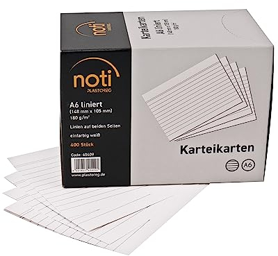 Karteikarten A6, 148 x 105mm liniert, weiß, 400 Stück in praktischer Spenderbox, für Vokabeln, als Lernkarten, Moderationskarten, Büro und Schule in 180g/m²