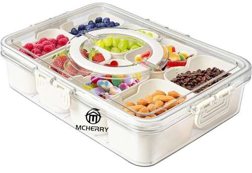 MCHERRY Divided Serving Tray with Lid, Removable Split Plate, Food Storage Container with 8 Compartments for Christmas Party, Vegetables, Snacks, Fruits, Nuts, Candy, Crackers, Chips