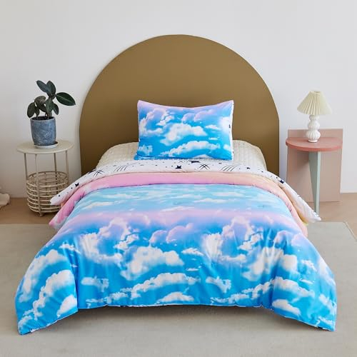 DXHOME Kinderbettdecke 135x200 cm 4 Jahreszeiten Steppdecke Ganzjahresdecke Steppdecke Atmungsaktive 200 GSM Weiche Kuschelige Duvet Kinderbettdecke mit Kissenbezüge 80x80cm （Blauer Himmel）
