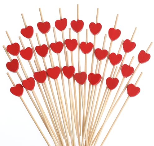 100 Stück Cocktail Spieße 12 cm Cocktailspieße, Cocktail Sticks Spieße Fingerfood Rote Herzförmige Dekorative Essens Obststäbchen Fingerfood Spieße Cocktail Deko für Festival Party