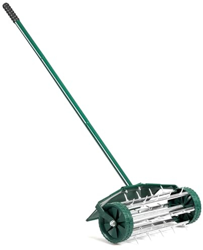 GYMAX Aeratore per Prato, Rullo a Spine di Metallo con Ampio Paraspruzzi Protettivo, Aerazione del Terreno Pesante per Giardino Cortile Prato, 46 x 23 x 127 cm, Verde