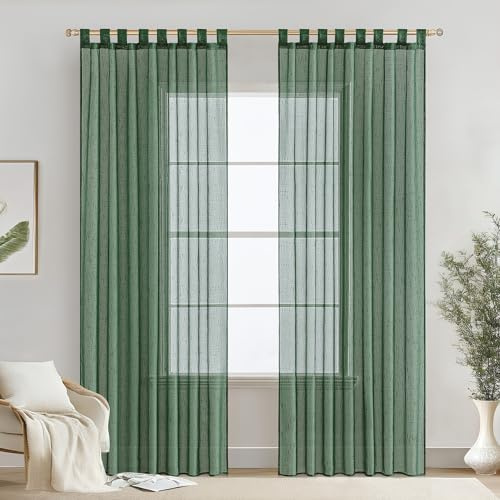 MIULEE Voile Gardinen Vorhänge mit Schlaufen Leineneffekt Halbtransparent Vorhange Elegant Einfach Leinenoptik für Wohnzimmer Schlafzimmer 2er Set, 140×225(H×B), Dunkelgrün