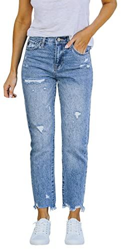 DeaAmyGline High Waist Jeans Damen mit Löchern, Stretch Jeans Damen Straight Leg Jeanshose Lang Straight Leg Boyfriend Denim Hose Zerrissene Knöchel Jeans Freizeithose Jeans Hosen