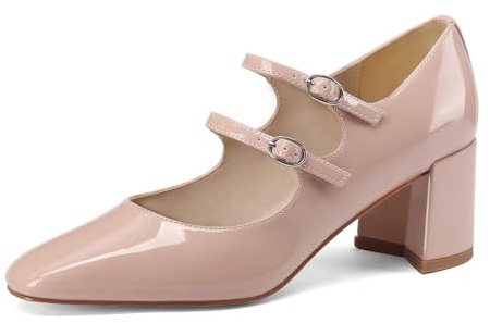 MIRAAZZURRA Mary Jane - Tacones de aguja con tacón grueso, elegantes con correa en el tobillo y punta redonda Zapatos lacados con hebilla, Rojo Negro Carne, 38 EU