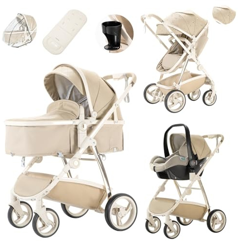 Lnhcrbs Passeggino 3 In 1 Con Seggiolino Auto, Carrozzina Reversibile Rivestita Con Zanzariera, Con Sacco A Mummia,Per Bambini 0-4 Anni Zanzariera Passeggino One-Touch Con Seggiolino Auto.