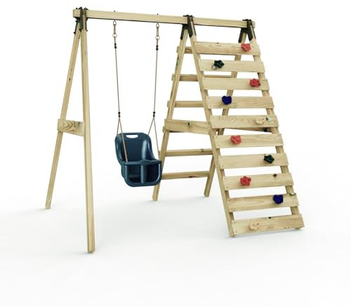 Rebo Glide Wooden Single Swing Set with Climbing Wall and Swing Seat – Lavender (Navy Blue Baby Swing) | OutdoorToys | Kids Outdoor Wooden Play Equipment for Gardens, Frame & Accessories Included