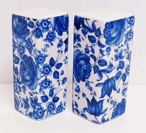 Delft Blue Salt & Pepper Set Rectangular Porcelain Blue Flowers Floral Shakers Pots Hand Decorated UK