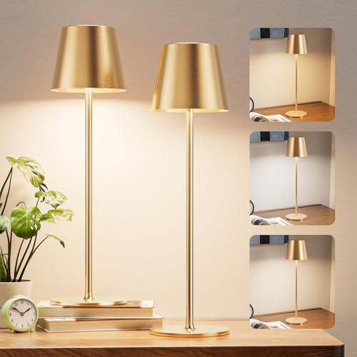 Aooshine Gold Cordless Table Lamps Set of 2, Touch Lamp with 3-Color Modes Rechargeable Night Light, Wireless Touch Control Bedside Lamps for Bedroom(Gold)
