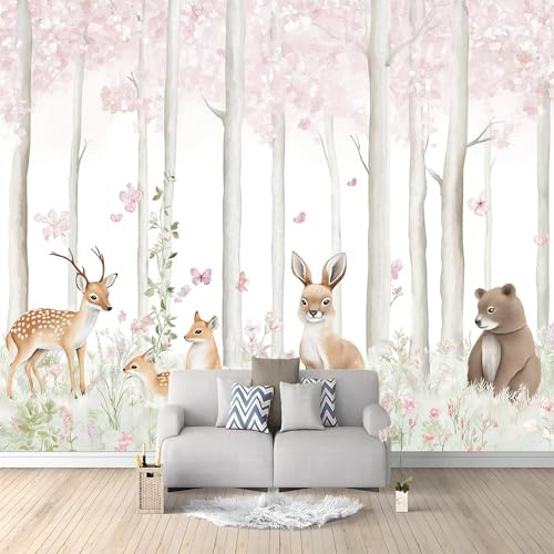 Papier Peint Mural Chambre Aquarelle Forêt Cerf Renard Ours Fleurs 300 x 210 cm Poster Geant Mural 3D Tableaux Muraux Tapisserie Photo, Salon Chambre d'enfants Mur de Fond Papier Peint Panoramique