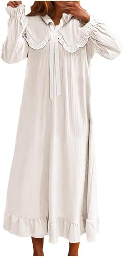DSAoTeng Camisones largos de satén de manga larga para mujer, con lazo, ribete de encaje, cuello de muñeca, estilo vintage, para descansar sobre la rodilla, ropa de dormir para el hogar, blanco, XXL