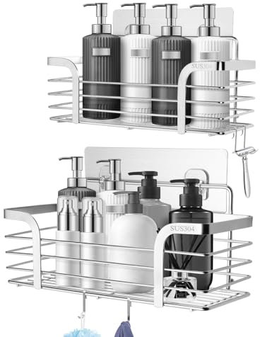 Carehabi Mensola Doccia Senza Foratura 2 Pezzi Organizer Bagno in Acciaio Inox SUS304 con 4 Ganci Portasapone Doccia Porta Oggetti Bagno per Shampoo per Bagno e Cucina
