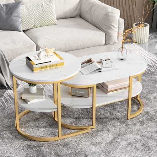 Henunem Couchtisch Rund 2er Set, Moderne Nesting Kaffeetisch Beistelltisch Wohnzimmertisch, Beistelltisch Marmor Optik mit Metallrahmen und Ablage, für Schlafzimmer Balkon (Golden-002)