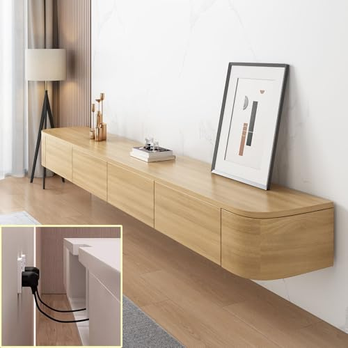 XDXINY - Consola multimedia para TV flotante (mueble para TV de pared, gran banco de almacenamiento bajo TV, mueble bajo con cajones y soporte para enrutador, color madera, 140 x 20 x 24 cm)