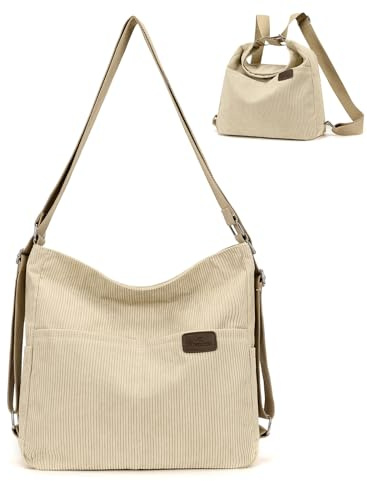RUNSOON Vielseitige Cord Handtasche für Damen - Schultertasche, Umhängetasche, Hobo-Tasche & Rucksack in einem für Arbeit, Shopper, Reisen & Alltag, Beige