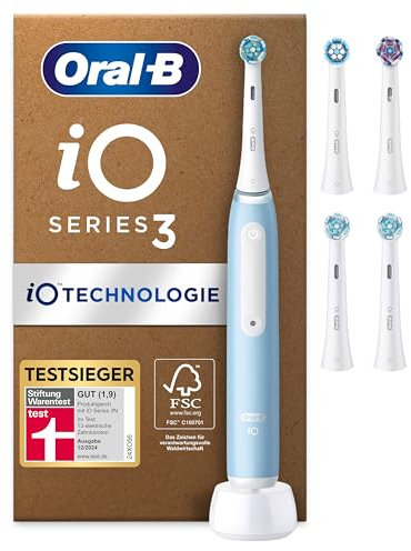 Oral-B iO Series 3 Elektrische Zahnbürste Hellblau PLUS Ausgewählte Original Oral-B iO Aufsteckbürsten Weiß 5x