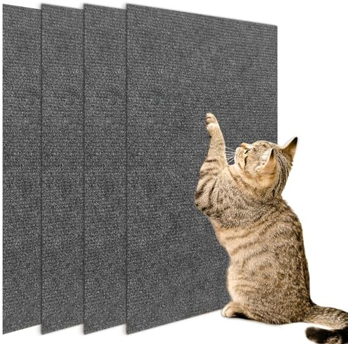 4 Pack Cat Scratching Mats 24”x 12”, Self-Adhesive Trimmable Pet Scratch Post Carpet, Floor Scratching Protector Pad for Sofa Couch Furniture Indoor Wall Bed, Cat Tree Replacement Accessories