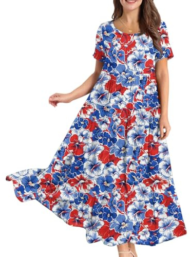 Sommerkleider Damen Leicht Und Luftig Leinenkleider Damenkleid Sundress A-Linien Plisseekleid Volant-Kleid Hawaii Dresses for Women Summer Dress Kurzarm Freizeitkleider Damen Sommer Rundhals
