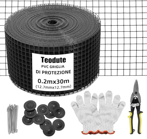 Teodute Rouleau Grille Protection Panneaux Solaires 20cm x 30m Kit Treillis Anti-Oiseau 70 Attaches INOX Revêtement en PVC Antirouille Maille Métallique 12,7 mm pour Empercher Créatures Écureuils