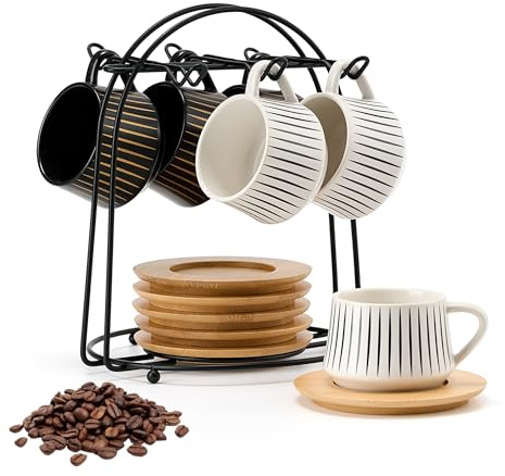 PORCER 6×130 ml(4.4 oz) Ceramic Coffee Cup & Wooden Saucer with Black Metal Stand Sets, Stackable Cappuccino, Espresso Cups for Specialty Coffee Drinks, Latte, Americano, Tea - Elegant Striped Pattern