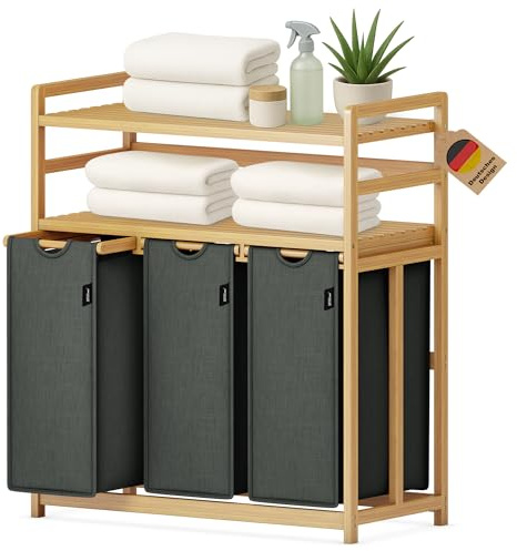 XMHome Wäschesammler 3 fächer, 148L Wäschekorb,2 Ablagen,Bambusrahmen | Wäschesortierer 3 x 49.3L, ausziehbar abnehmbar, Doppelregal, Farbe Dunkelgrau