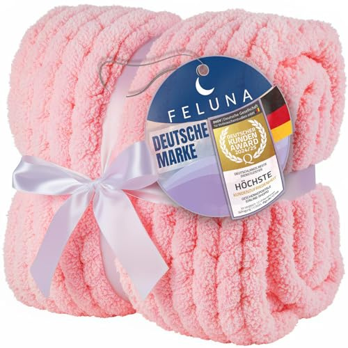 Feluna® Kuscheldecke Grobstrick - Flauschige Strickdecke, kein Kratzen | Wohlfühldecke in Pink - weiche Acryl-Kuschelfaser, 2 Größen - Tagesdecke Überwurf Sofa & Wohnzimmer