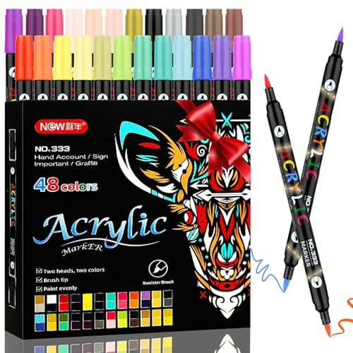 ZXgomg 48 Farben Acrylstifte, Acrylstifte für Steine Wasserfest, Steine zum Bemalen Stifte Set, Dual Tip Multimarker Acrylmarker für Holz, Glas, Papier, Keramik, Basteln Erwachsene Kinder