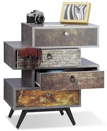 Vintage Kommode mit 4 Schubladen im Industrie Stil, Beistellschrank aus MDF in Steinoptik mit Eisenbeinen, Schubladenkommode im Shabby Chic Design, Retro Möbel für Wohnzimmer, Schlafzimmer und Flur