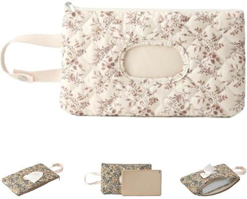 Bolsa acolchada para pañales y toallitas para bebé, bolsa portátil para mamá, soporte floral recargable con cordón para viajes y uso diario, beige, Moderno y minimalista