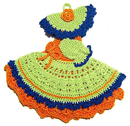 Presina Damina Verde e Arancione ad Uncinetto 18x17 cm, in Cotone, Protezione Calore Cucina, Idea Regalo Mamma e Nonna (5PRS)
