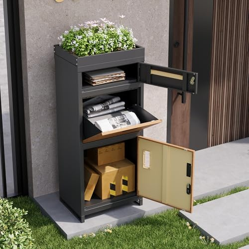 Jaxenor Large Parcel Box Outdoor, Post Box with Combination Lockfor Added Security, Parcel Mailbox with Flower Bed, Lockable Parcel and Letter Storage Cabinet, Grey+Wood