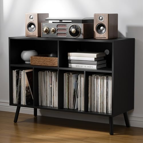 AUREUM OPAL Plattenspieler-Ständer mit Schallplattenaufbewahrung, Vinyl-Plattenregal mit Präsentationsfläche, Schallplattenständer für bis zu 350 Alben, Musikzimmer und Wohnzimmer (Schwarz)