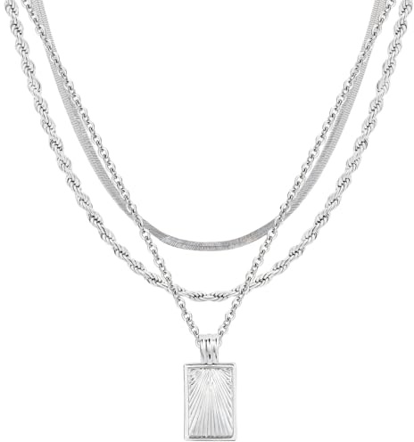 Chewtoyo silverhalsband för kvinnor, tre-nivås design med rektangelhänge, justerbara lager, nickelfri, idealisk för olika tillfällen, presentförpackning ingår