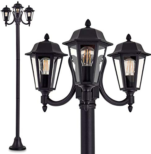 Lampada da esterno NATAL, candelabro, stile antico, fusione di alluminio in nero opaco, lastre di vetro, lampada da sentiero a 3 bracci da 210 cm, lampada da giardino retrò, E27, IP44, senza lampadine