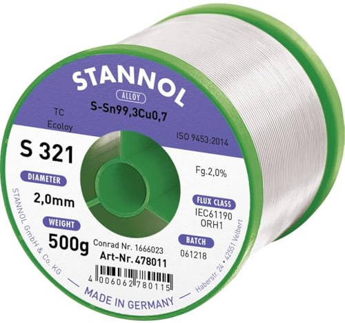 Stannol S321 2,0% 2,0MM SN99,3CU0,7CD 500G Lötzinn, bleifrei bleifrei, Spule Sn99,3Cu0,7 ORH1 500 g 2 mm