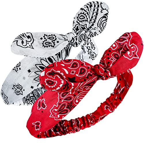 2 Stück Bandana Stirnband für Frauen und Mädchen Knoten Retro Bedruckte Haarbänder Paisley Print Stirnband Kopfband für Mädchen und Damen (Rot, Weiß)